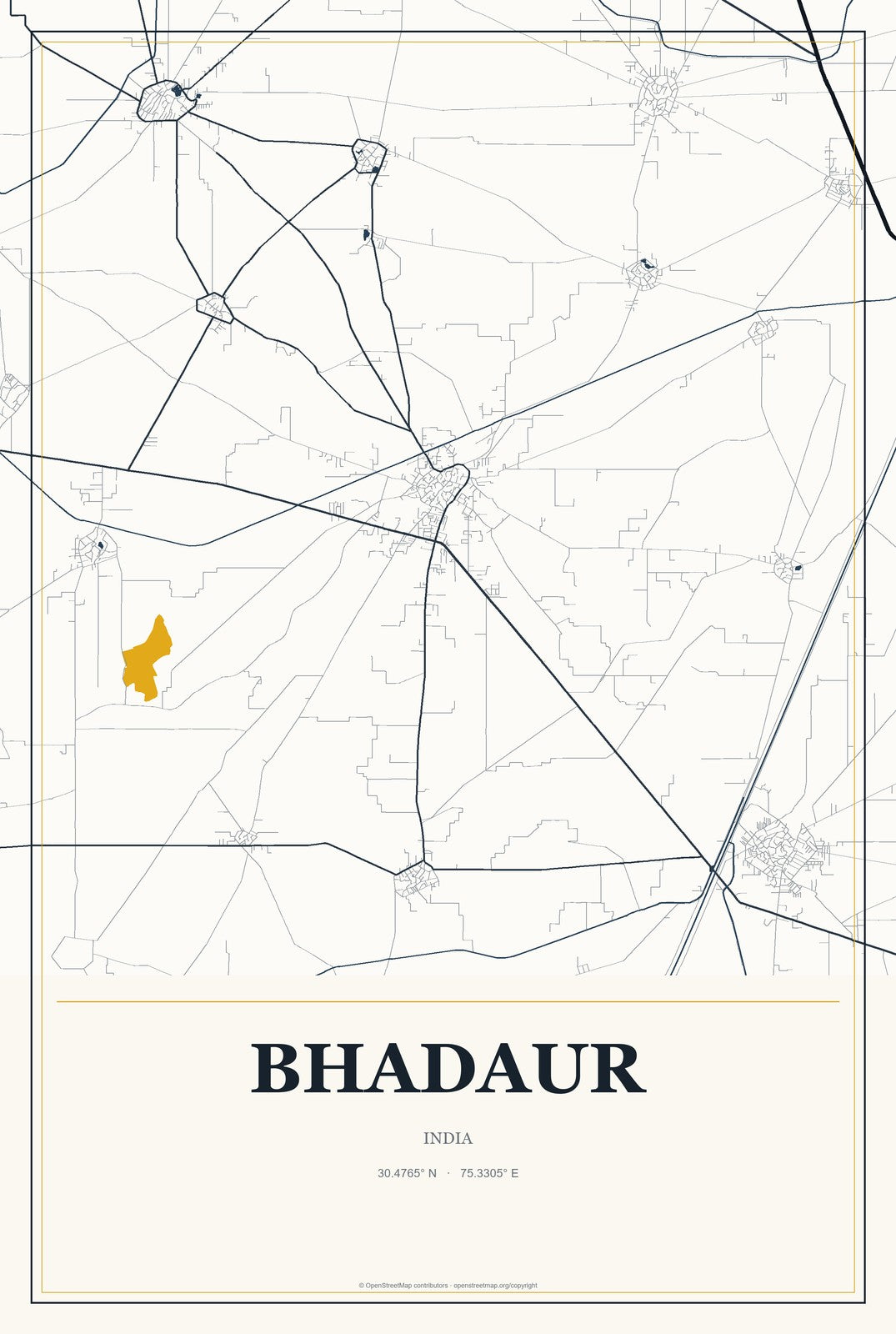Bhadaur, India City Map Aluminum Sign in Citrine Modern style