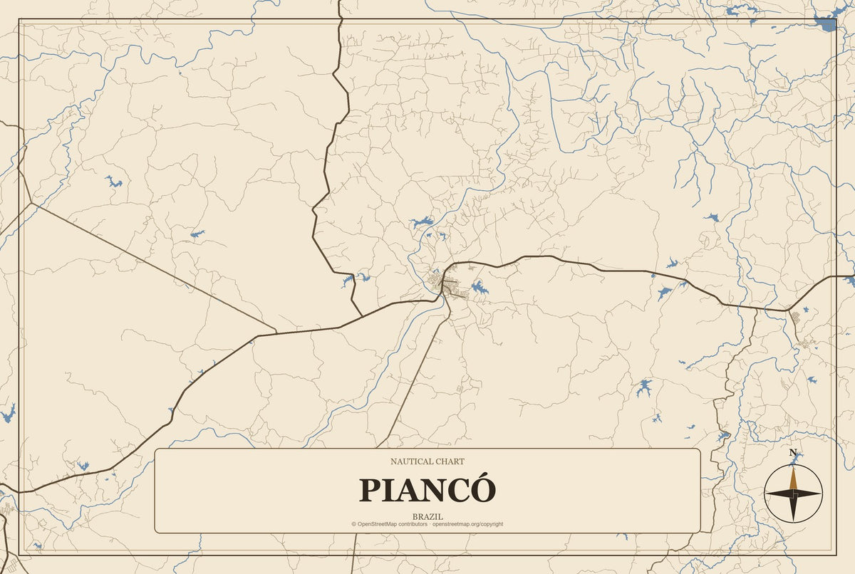 Piancó, Brazil City Map Aluminum Sign in Heritage Nautical style