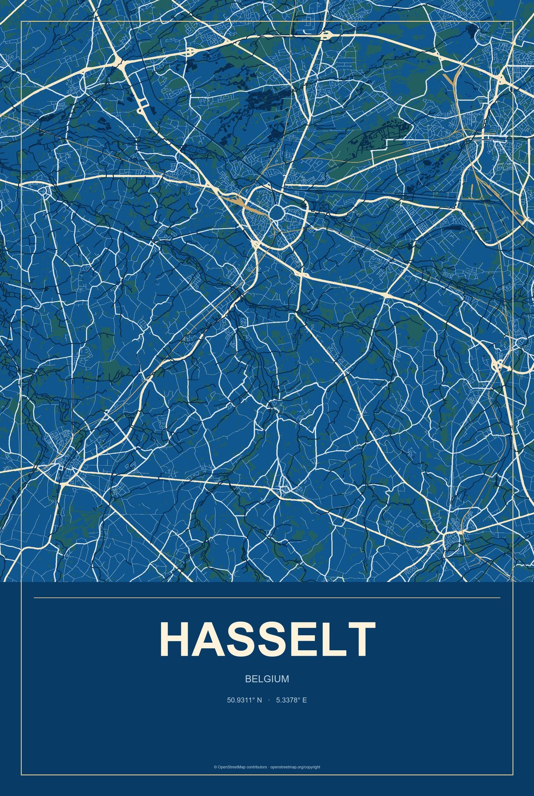 Hasselt, Belgium City Map Aluminum Sign in Harbor Cobalt style