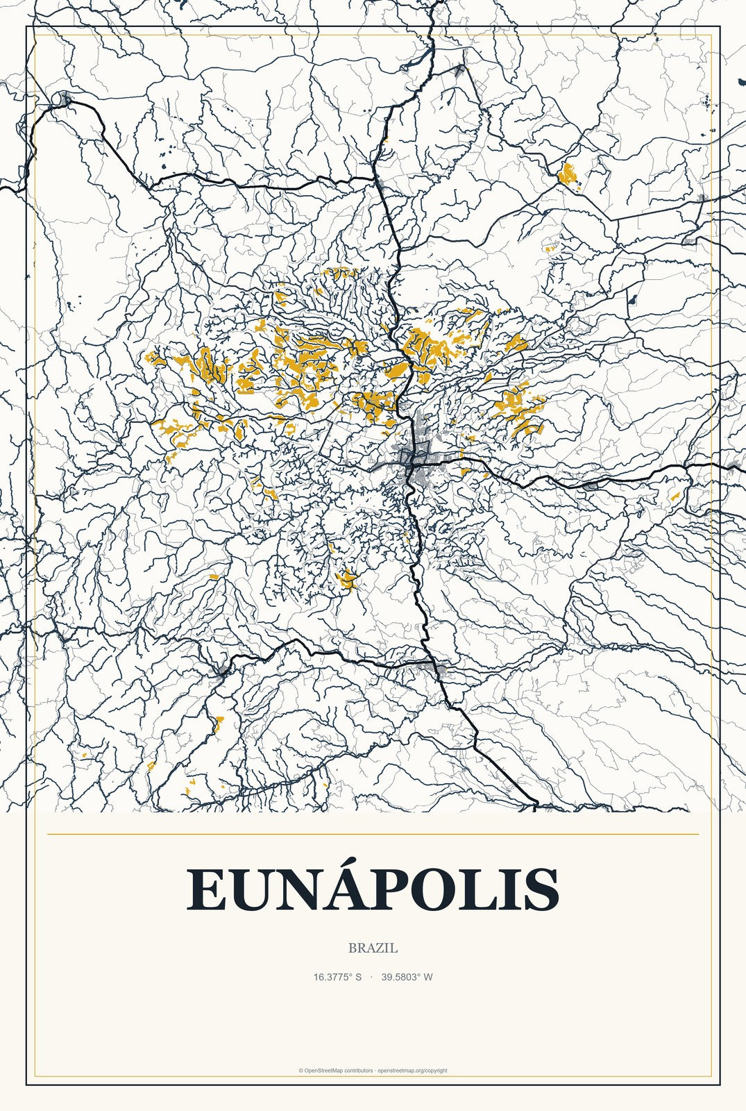 Eunápolis, Brazil City Map Aluminum Sign in Citrine Modern style