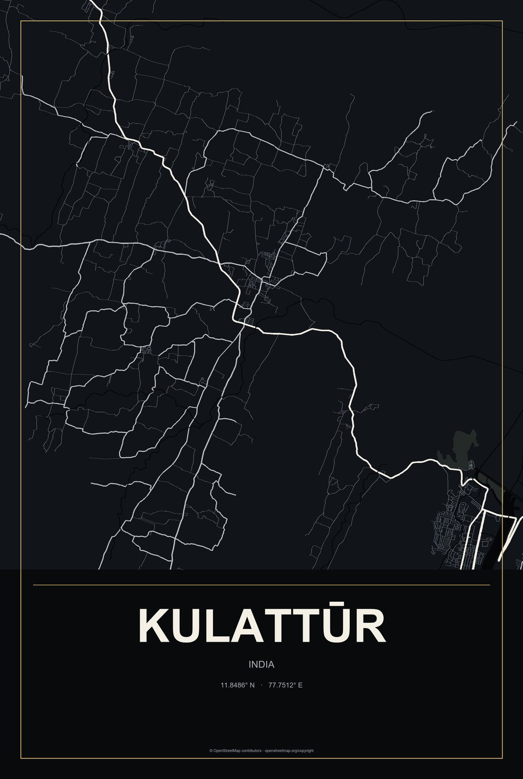 Kulattūr, India City Map Aluminum Sign in Metropolitan Noir style