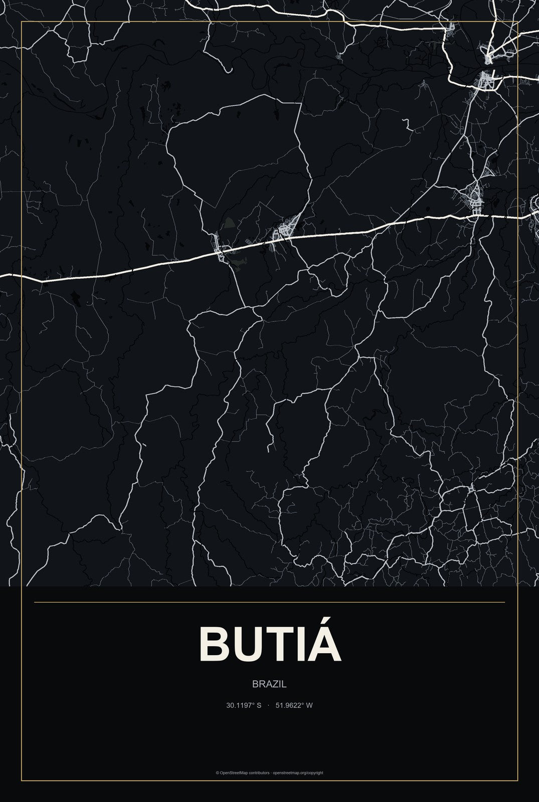 Butiá, Brazil City Map Aluminum Sign in Metropolitan Noir style