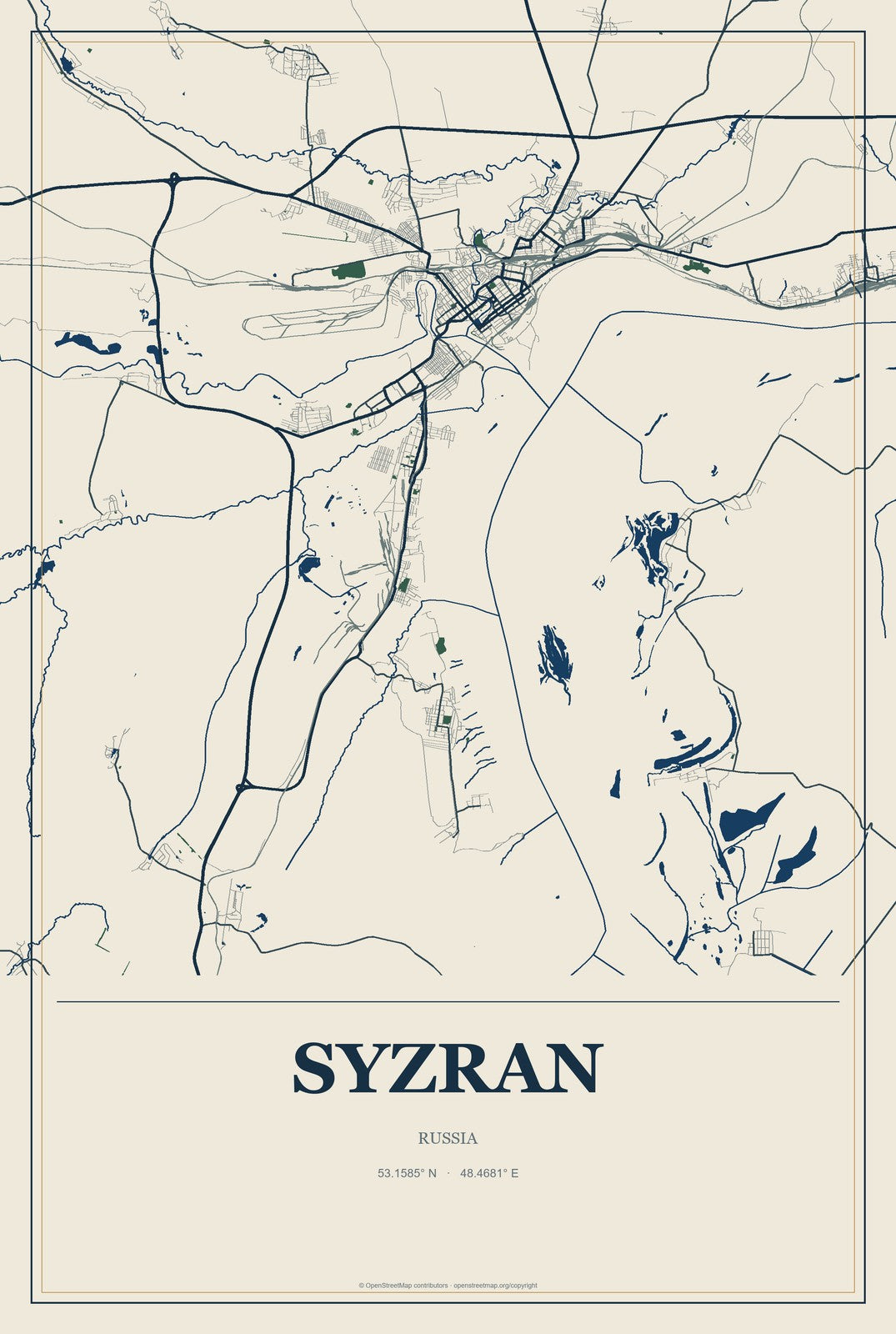 Syzran, Russia City Map Aluminum Sign in Coastal Cutout style