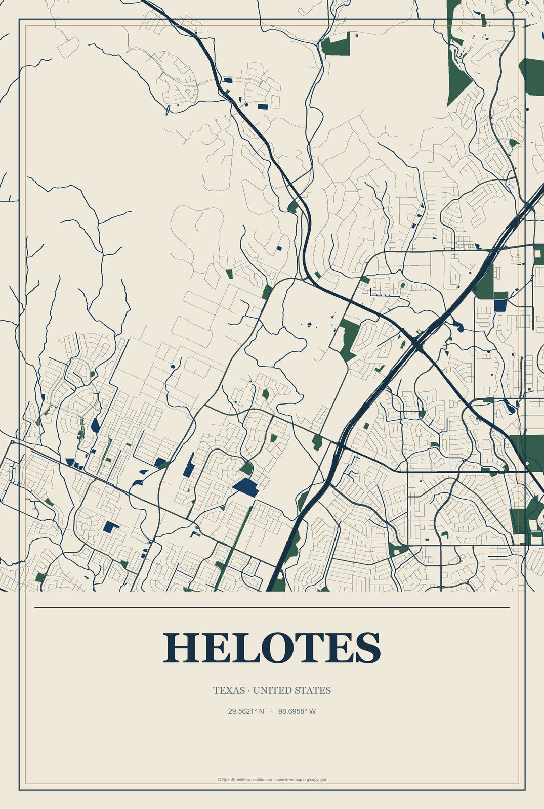 Helotes, Texas City Map Aluminum Sign in Coastal Cutout style