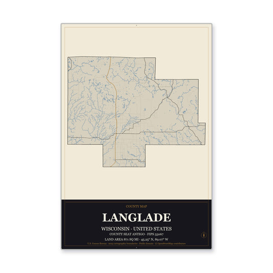 Langlade County, Wisconsin Map Aluminum Sign in Museum Plaque style