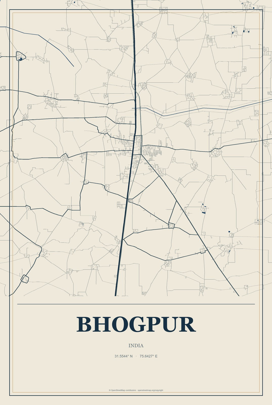 Bhogpur, India City Map Aluminum Sign in Coastal Cutout style