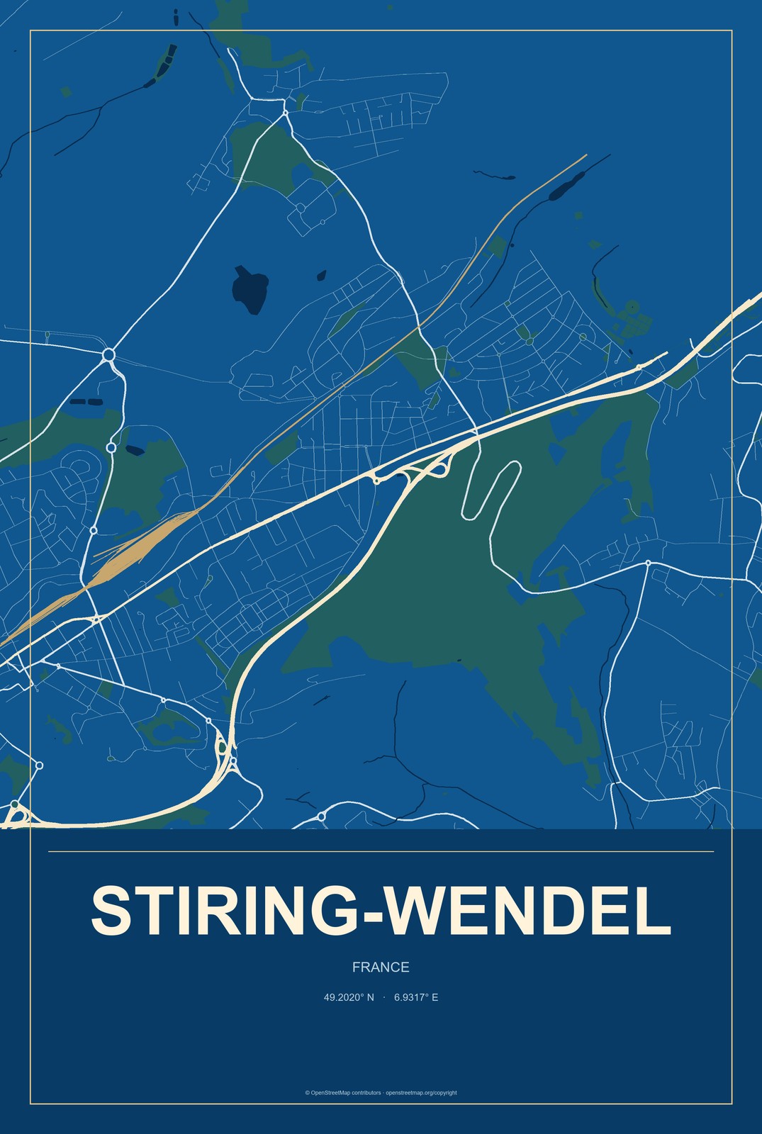 Stiring-Wendel, France City Map Aluminum Sign in Harbor Cobalt style