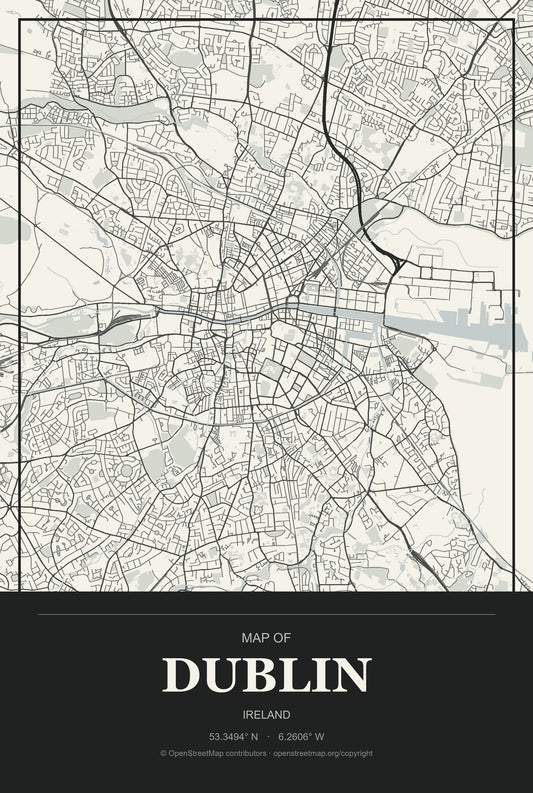 Dublin, Ireland City Map Aluminum Sign in Museum Plaque style