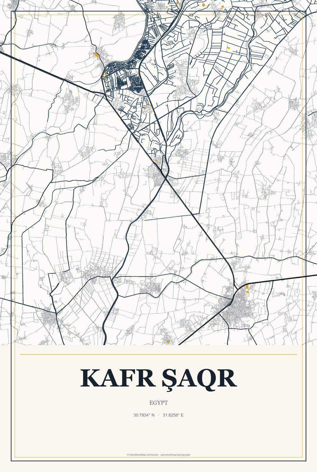Kafr Şaqr, Egypt City Map Aluminum Sign in Citrine Modern style