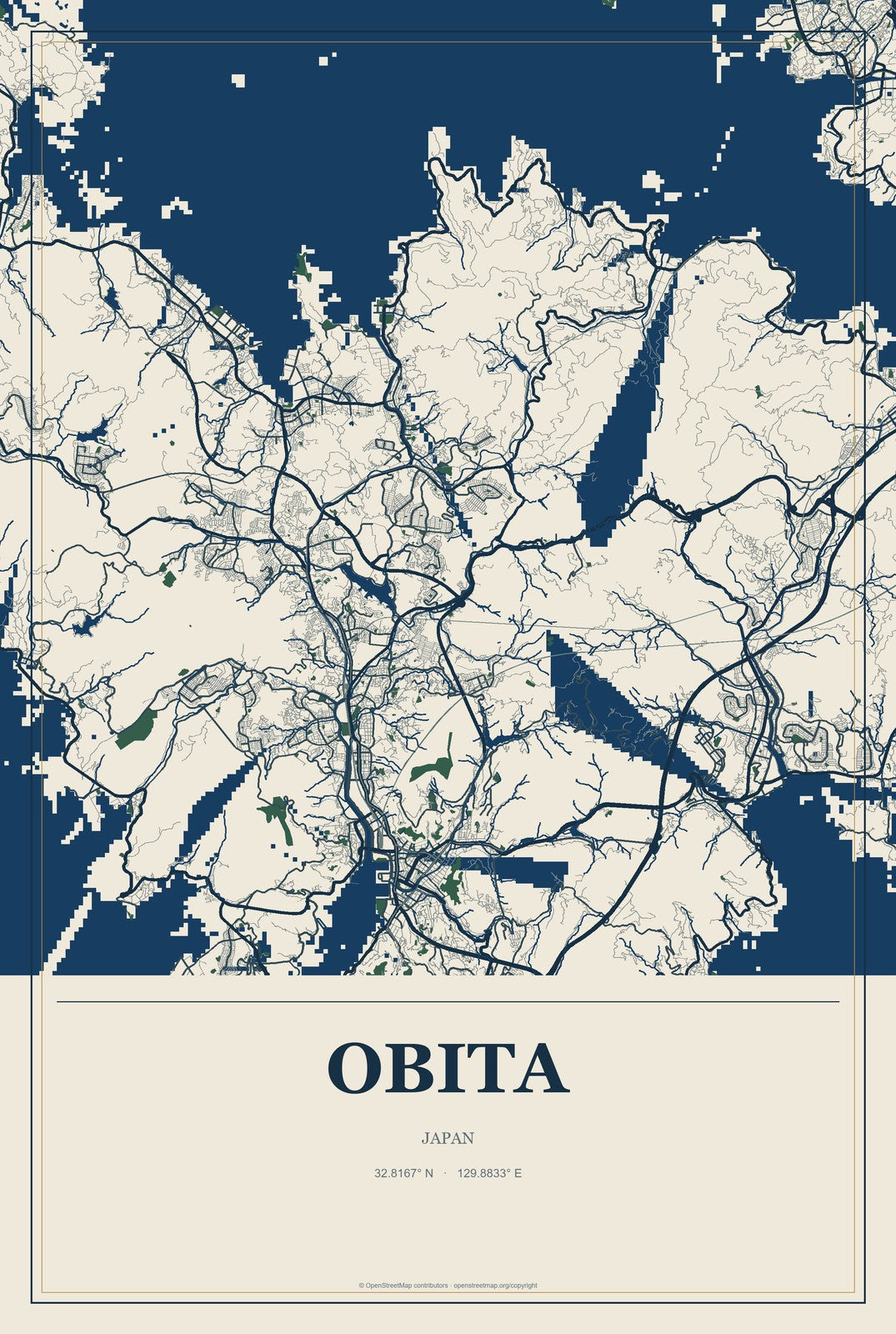 Obita, Japan City Map Aluminum Sign in Coastal Cutout style
