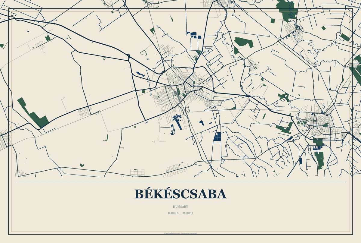 Békéscsaba, Hungary City Map Aluminum Sign in Coastal Cutout style
