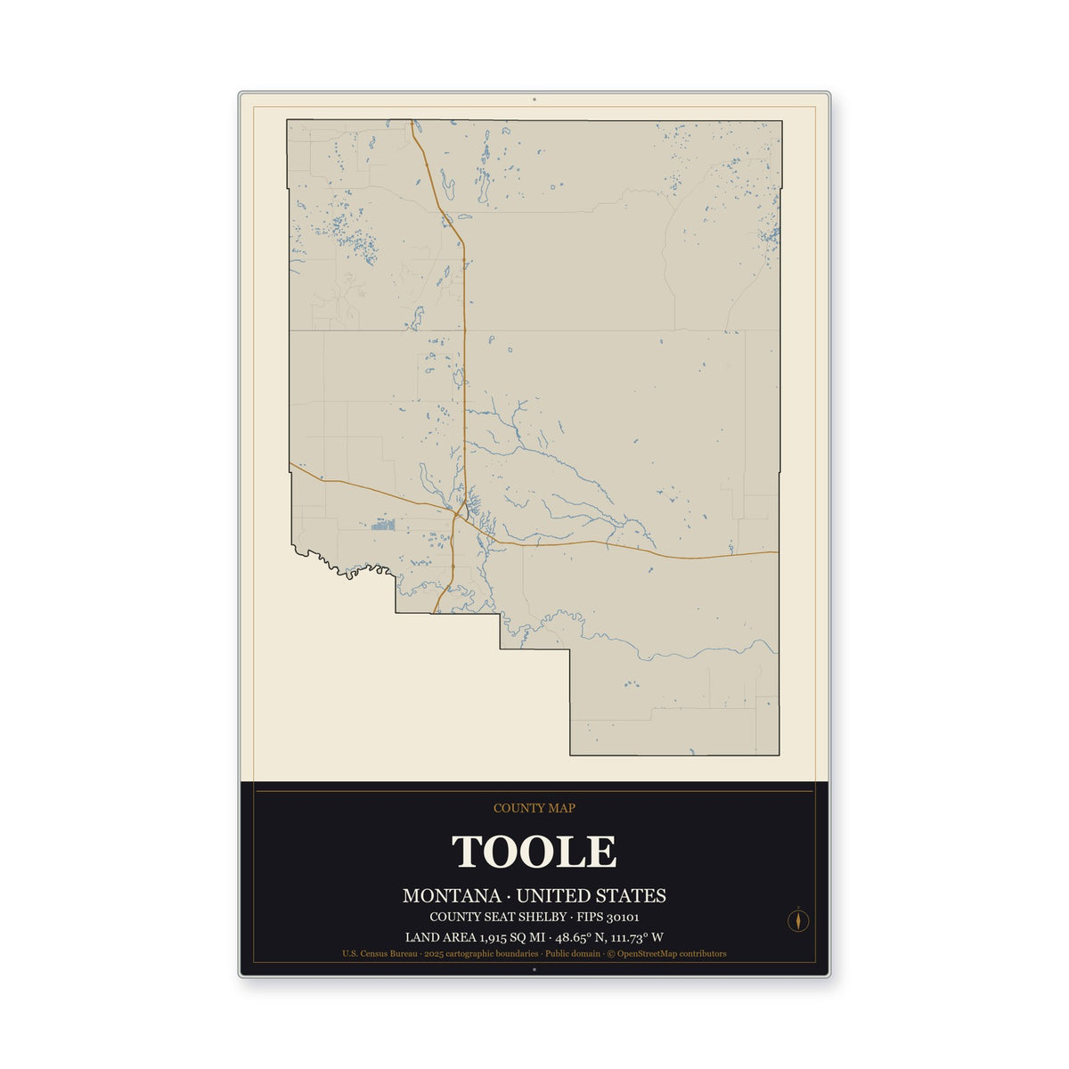 Toole County, Montana Map Aluminum Sign in Museum Plaque style