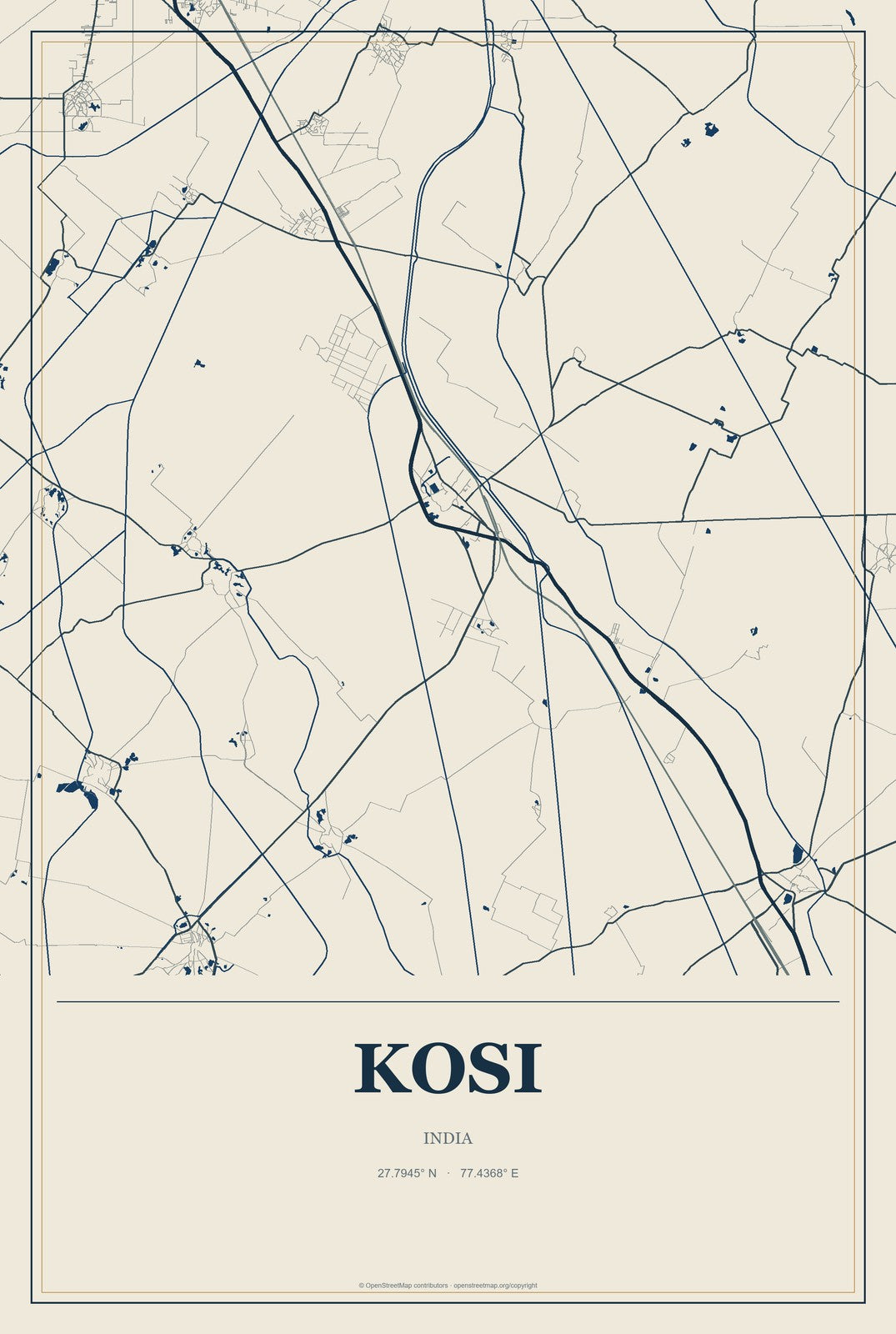 Kosi, India City Map Aluminum Sign in Coastal Cutout style