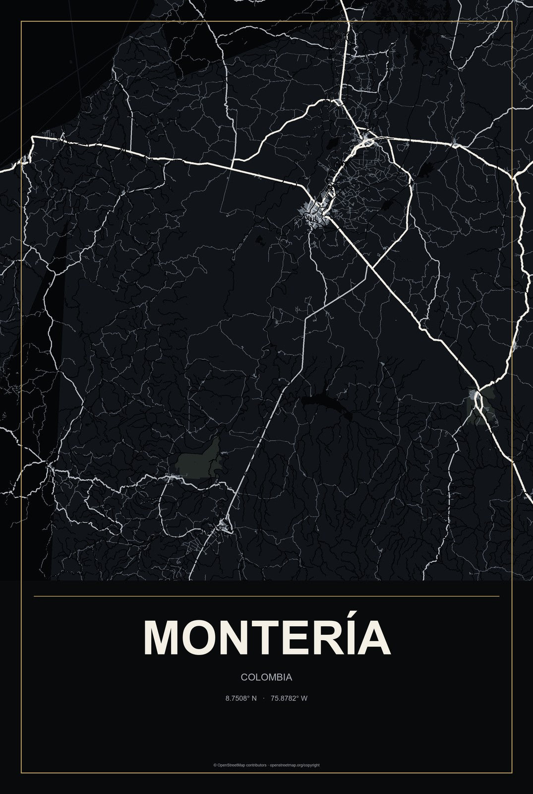 Montería, Colombia City Map Aluminum Sign in Metropolitan Noir style
