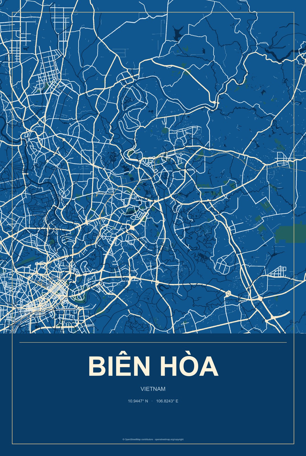 Biên Hòa, Vietnam City Map Aluminum Sign in Harbor Cobalt style