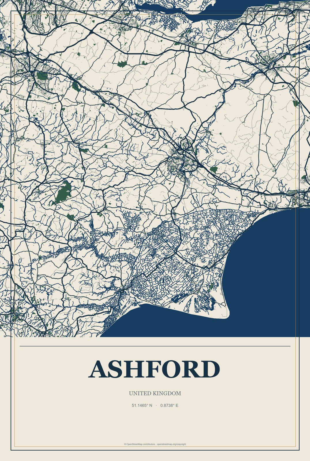 Ashford, United Kingdom City Map Aluminum Sign in Coastal Cutout style