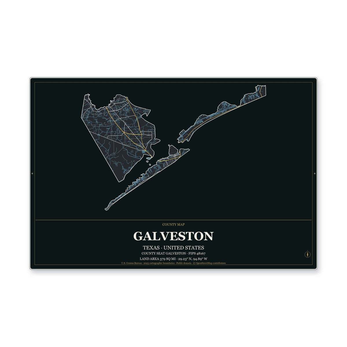 Galveston County, Texas Map Aluminum Sign in Metropolitan Noir style