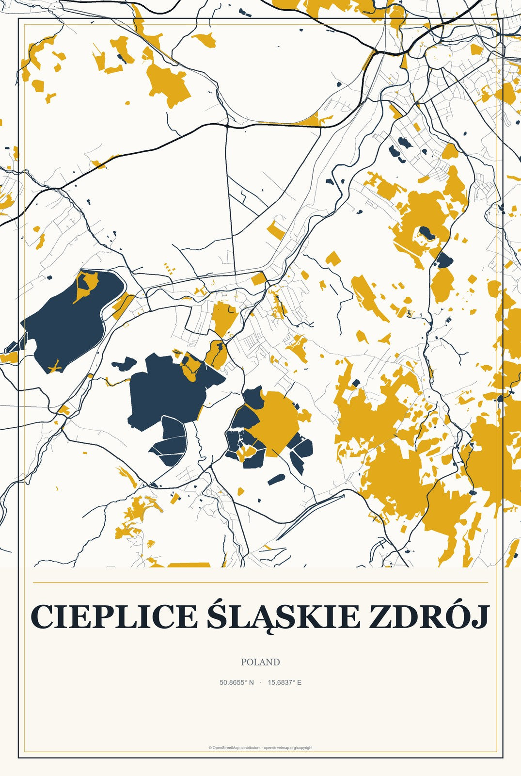 Cieplice Śląskie Zdrój, Poland City Map Aluminum Sign in Citrine Modern style