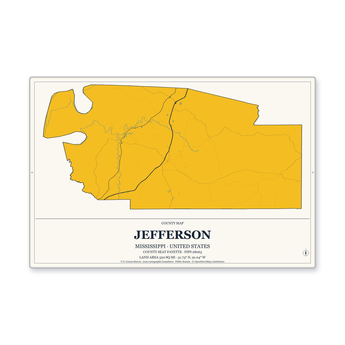 Jefferson County, Mississippi Map Aluminum Sign in Citrine Modern style