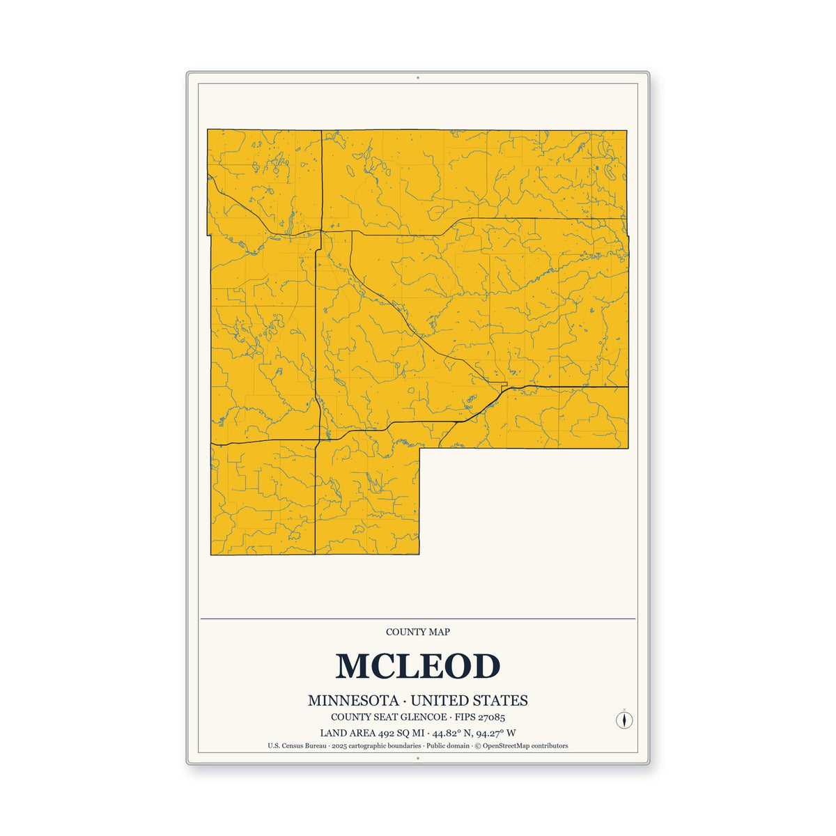 McLeod County, Minnesota Map Aluminum Sign in Citrine Modern style