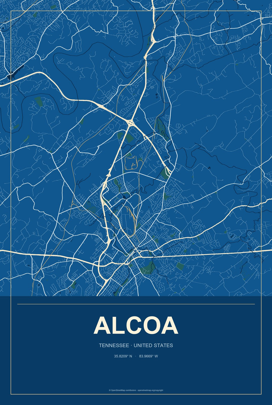 Alcoa, Tennessee City Map Aluminum Sign in Harbor Cobalt style