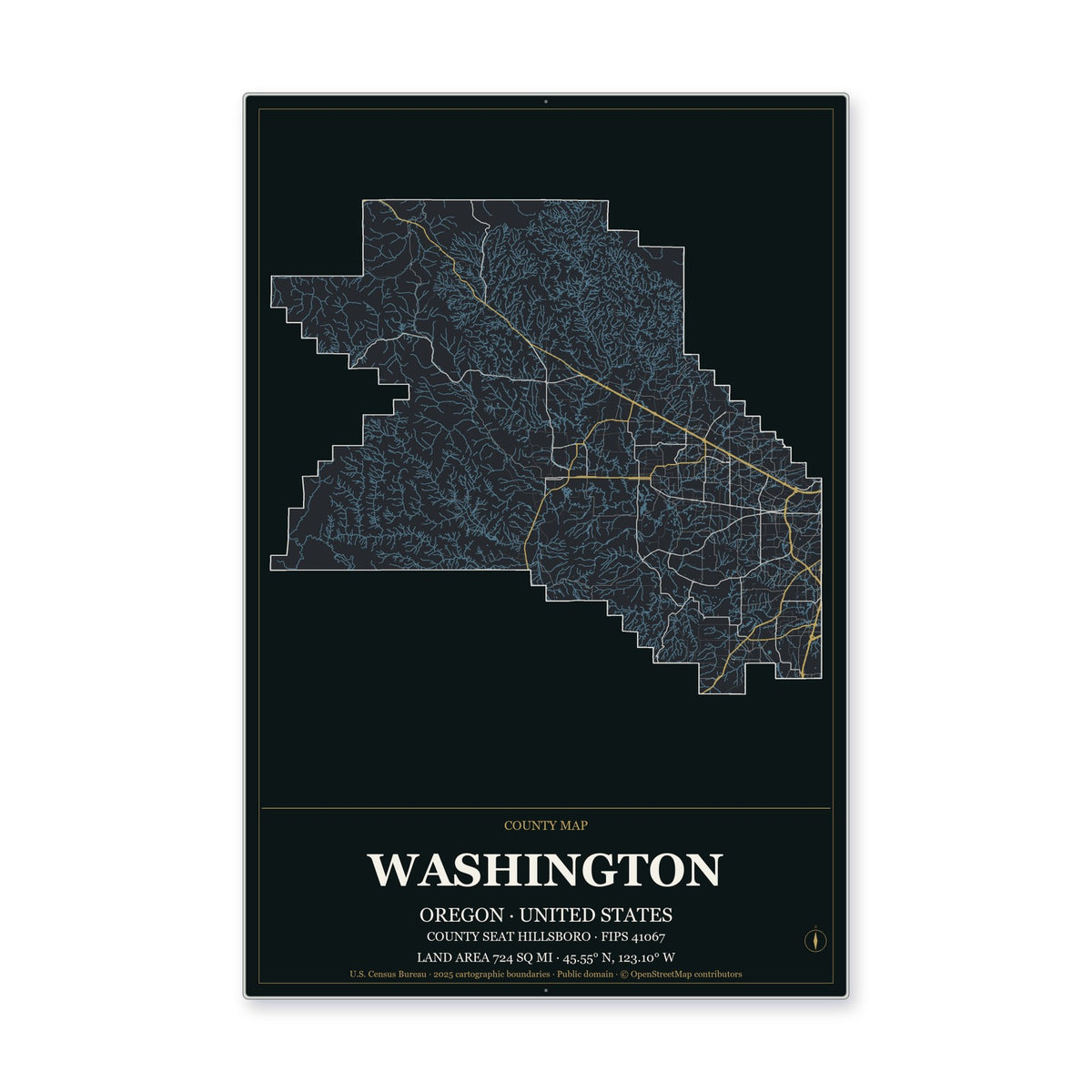 Washington County, Oregon Map Aluminum Sign in Metropolitan Noir style