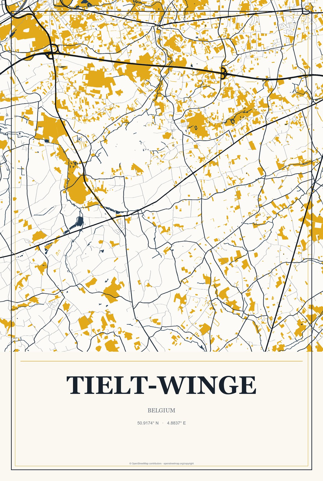 Tielt-Winge, Belgium City Map Aluminum Sign in Citrine Modern style