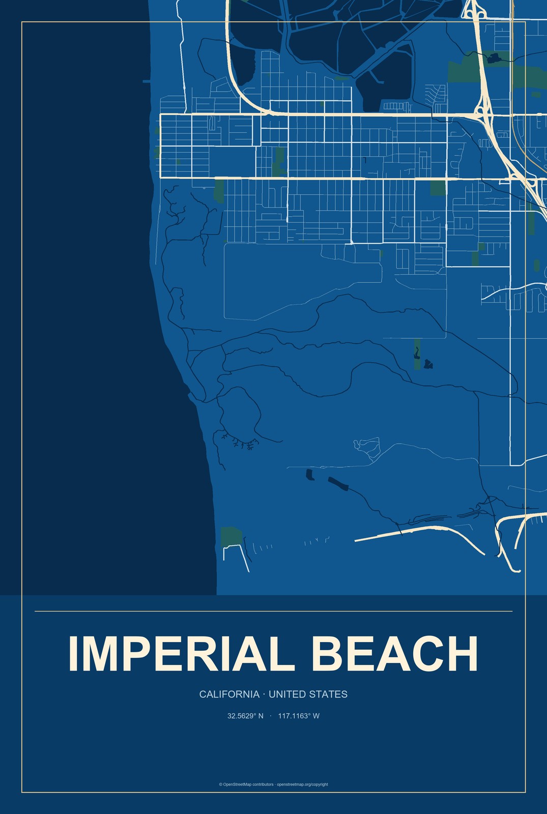 Imperial Beach, California City Map Aluminum Sign in Harbor Cobalt style