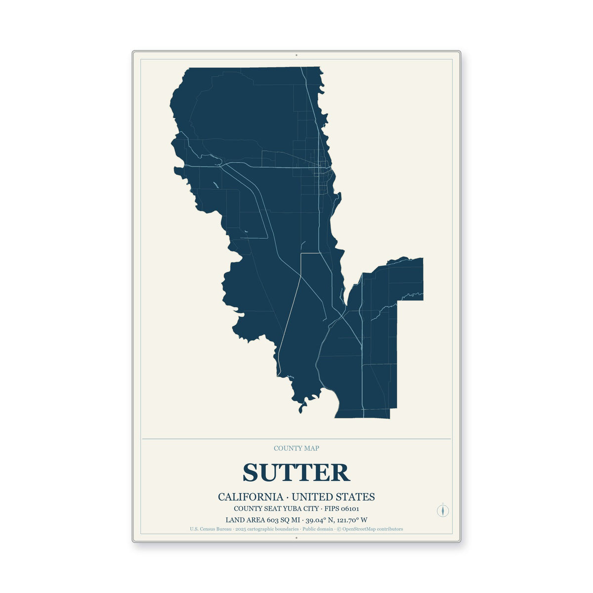 Sutter County, California Map Aluminum Sign in Coastal Cutout style