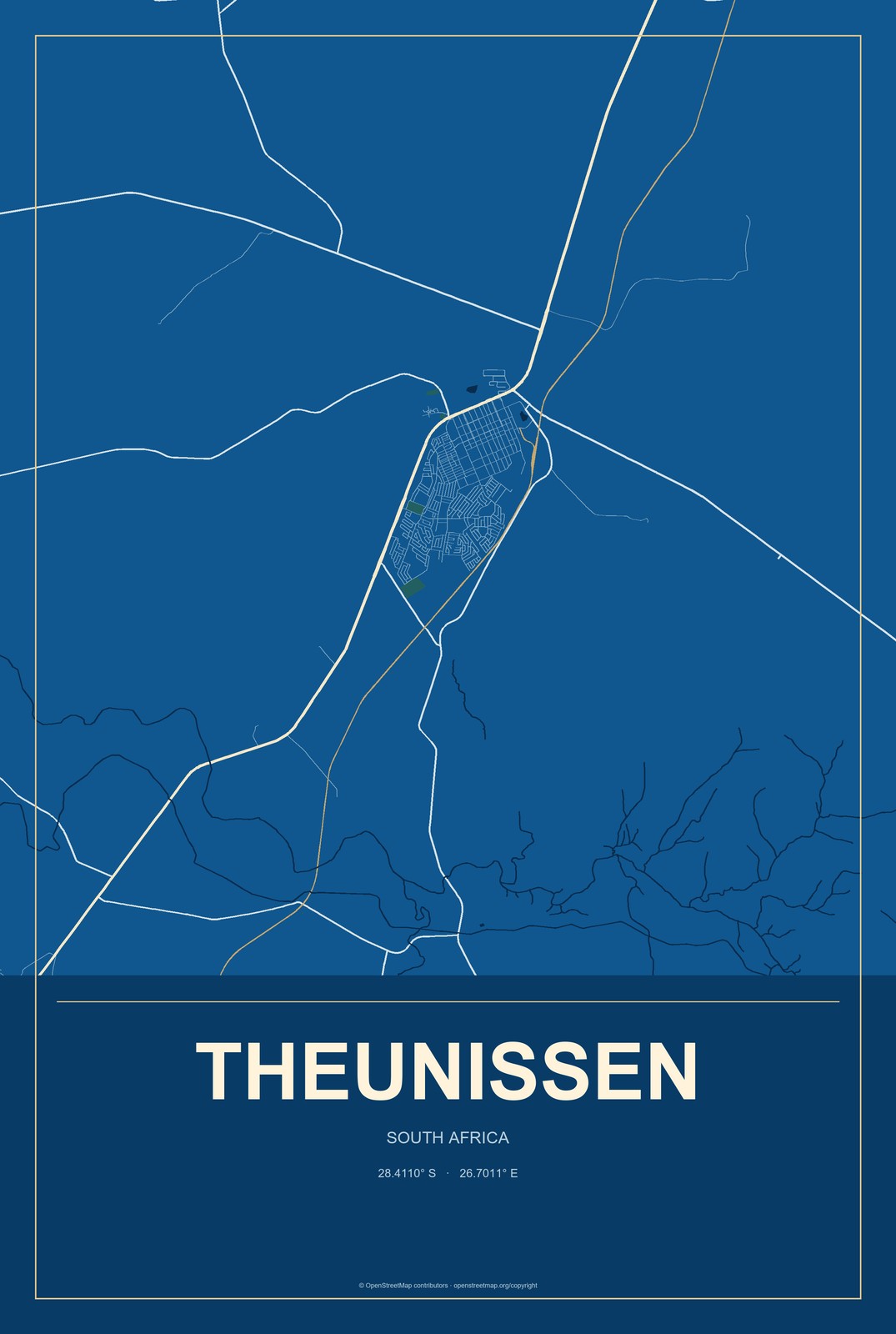 Theunissen, South Africa City Map Aluminum Sign in Harbor Cobalt style