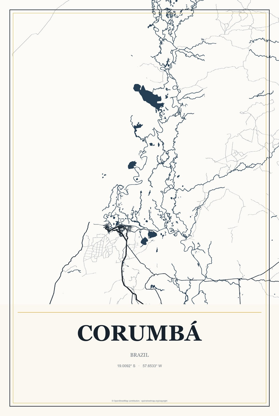 Corumbá, Brazil City Map Aluminum Sign in Citrine Modern style