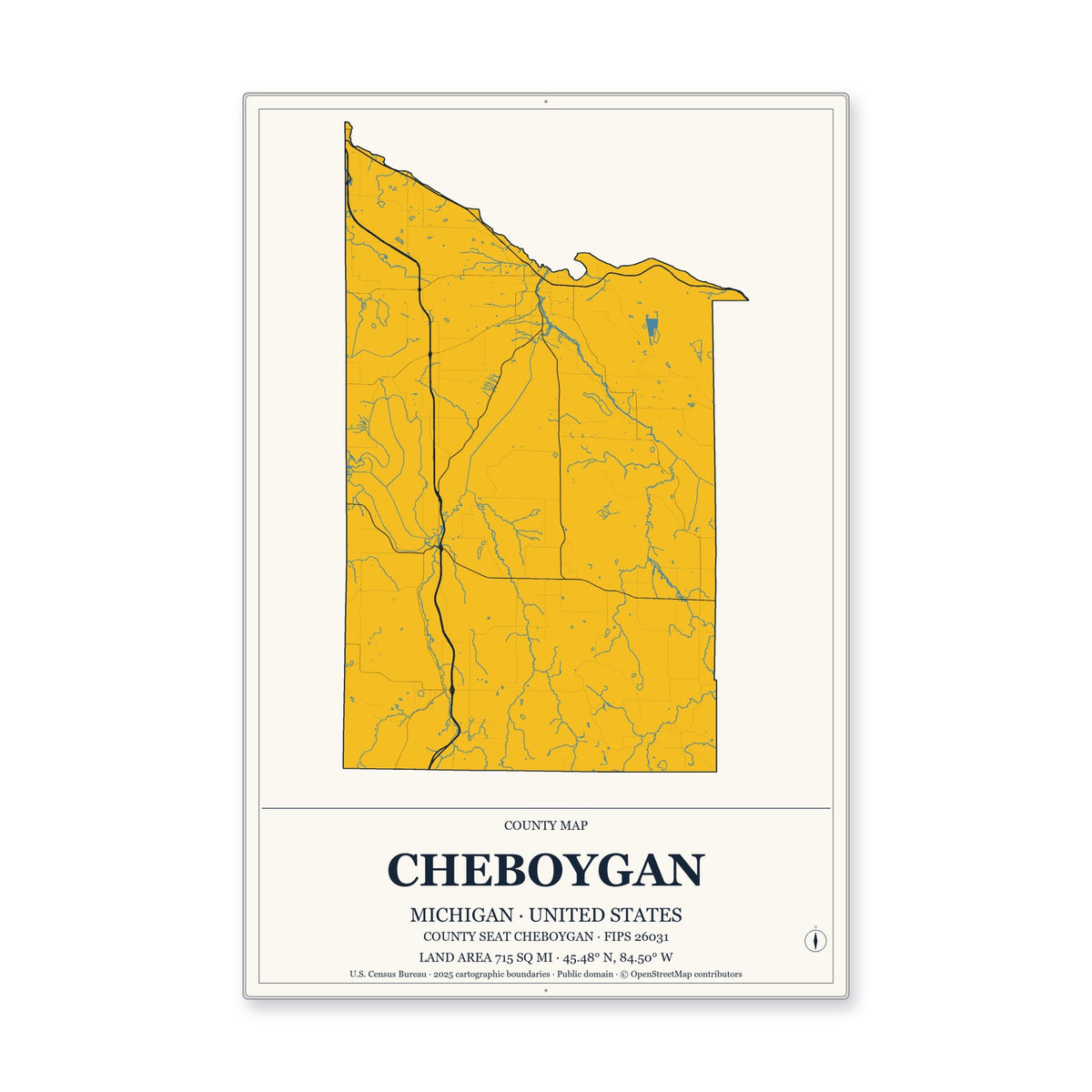 Cheboygan County, Michigan Map Aluminum Sign in Citrine Modern style