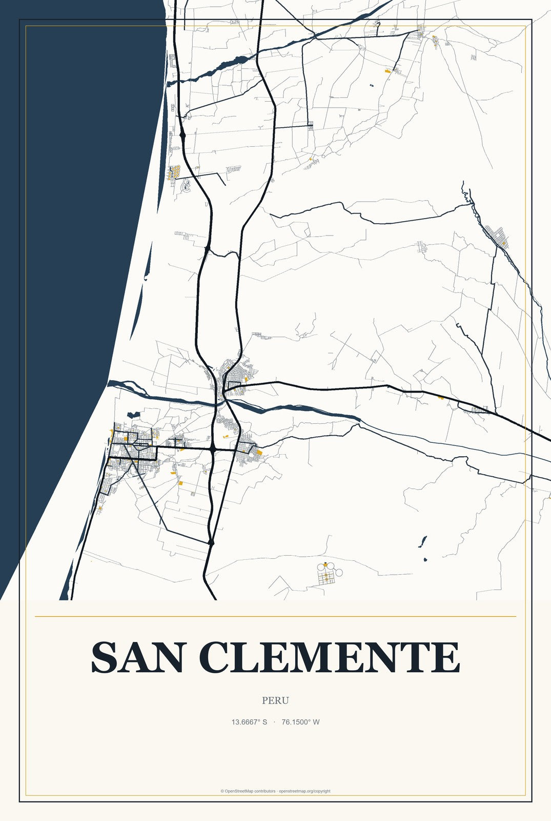 San Clemente, Peru City Map Aluminum Sign in Citrine Modern style