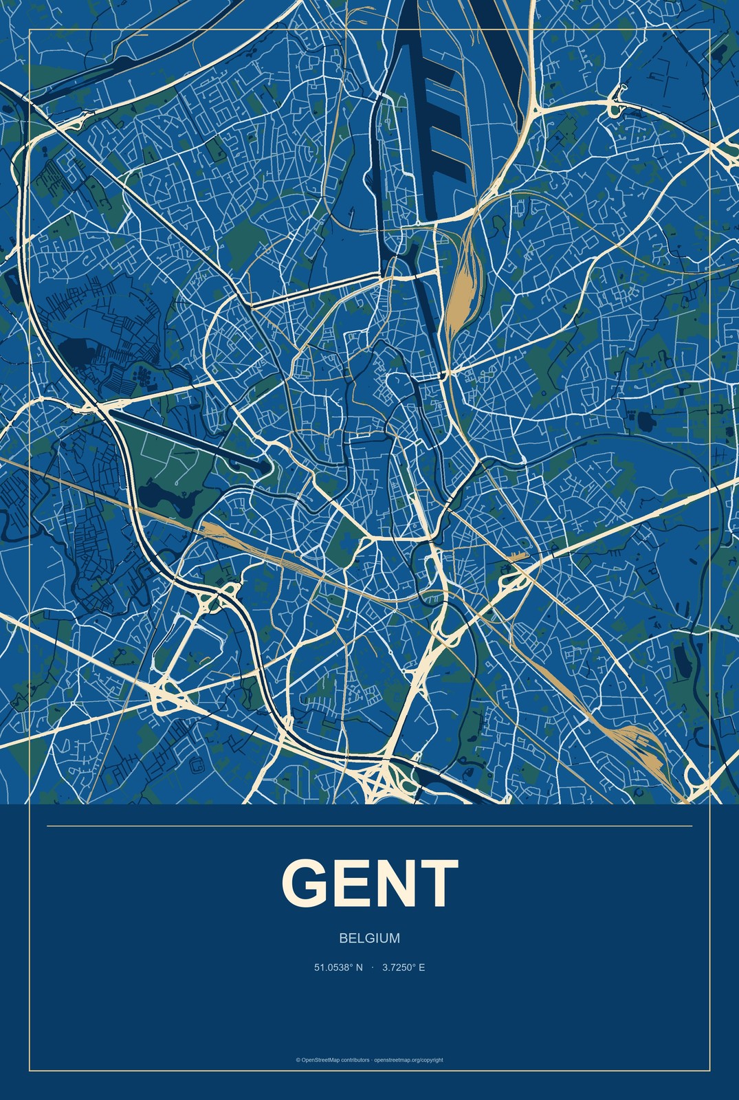 Gent, Belgium City Map Aluminum Sign in Harbor Cobalt style