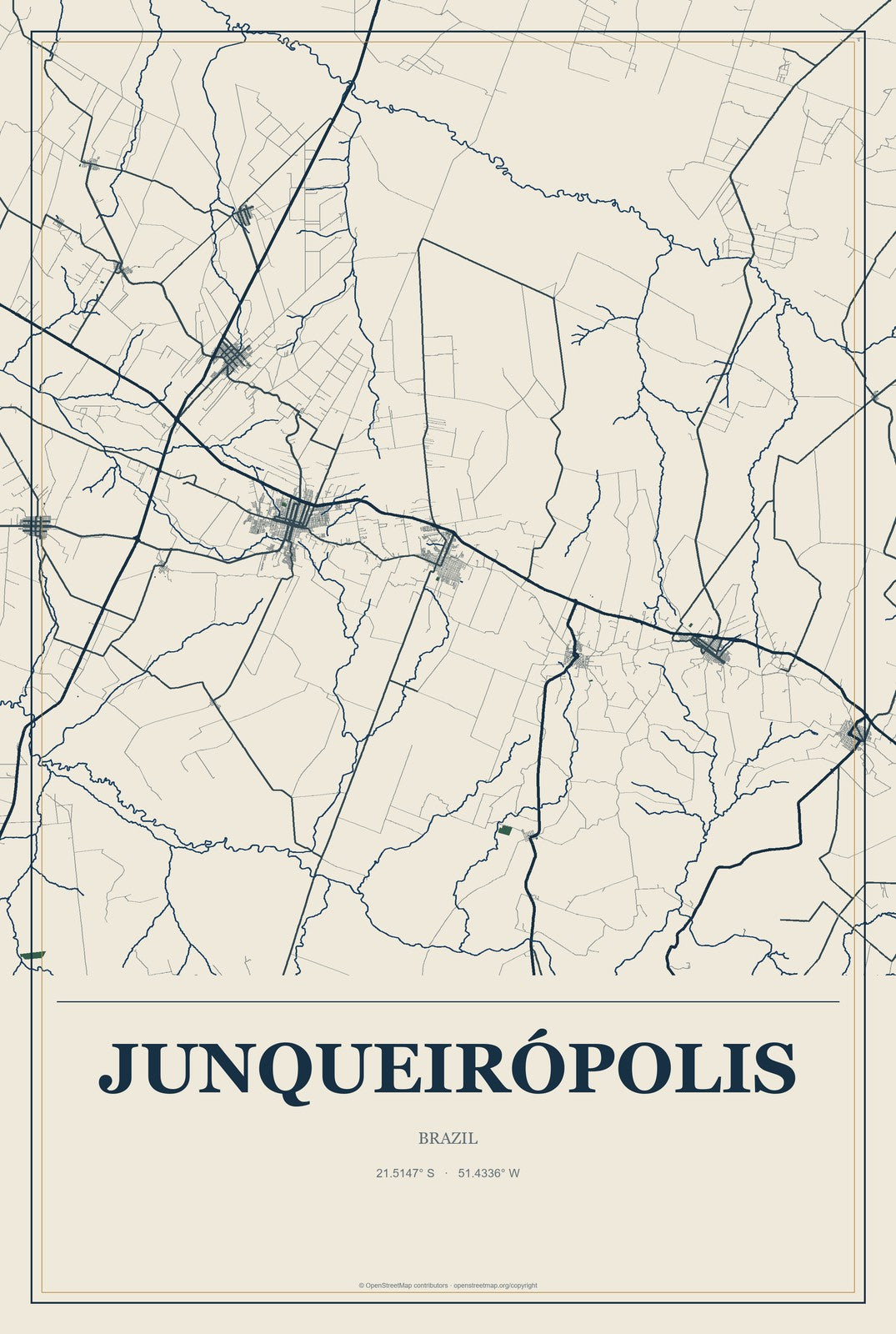 Junqueirópolis, Brazil City Map Aluminum Sign in Coastal Cutout style