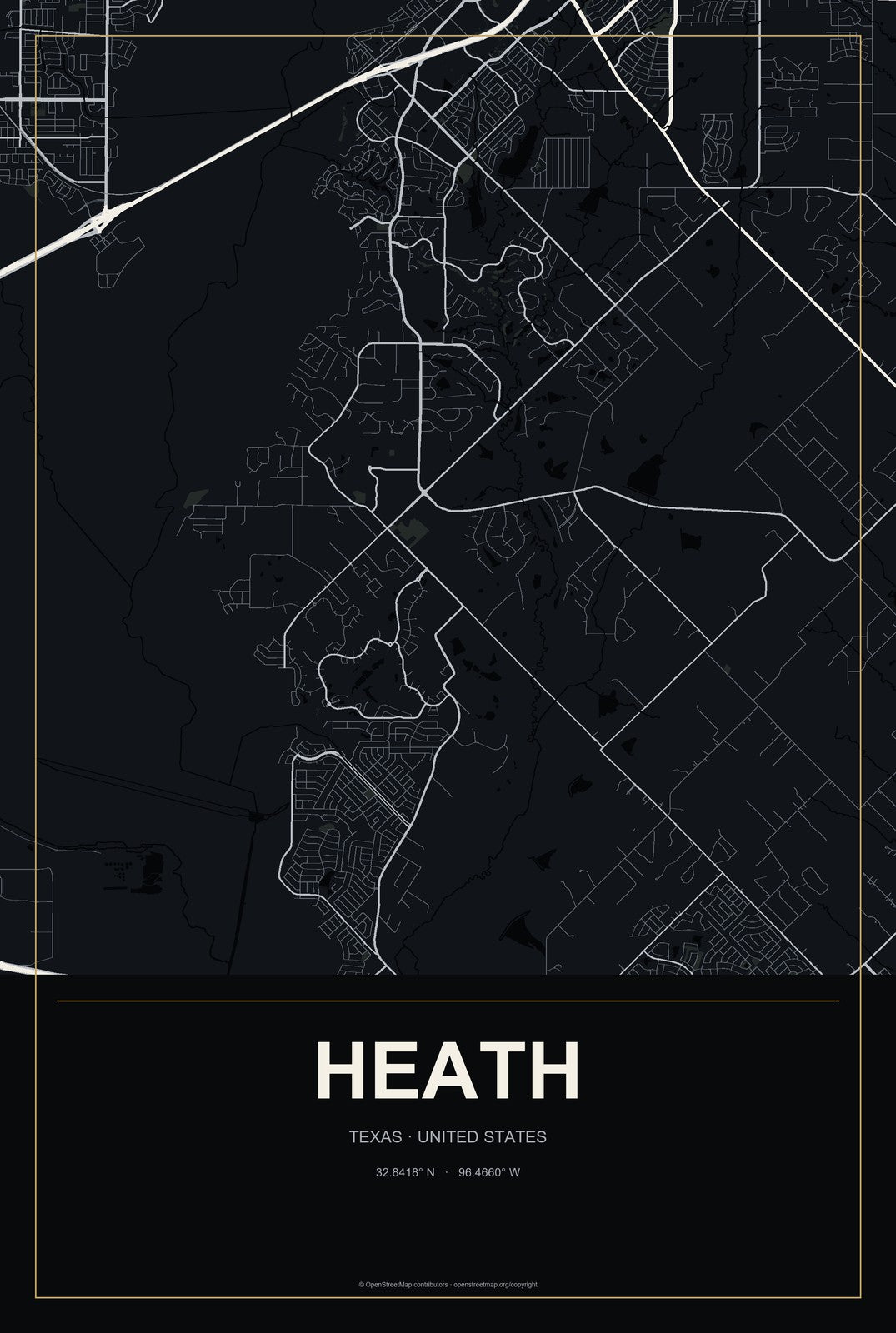 Heath, Texas City Map Aluminum Sign in Metropolitan Noir style