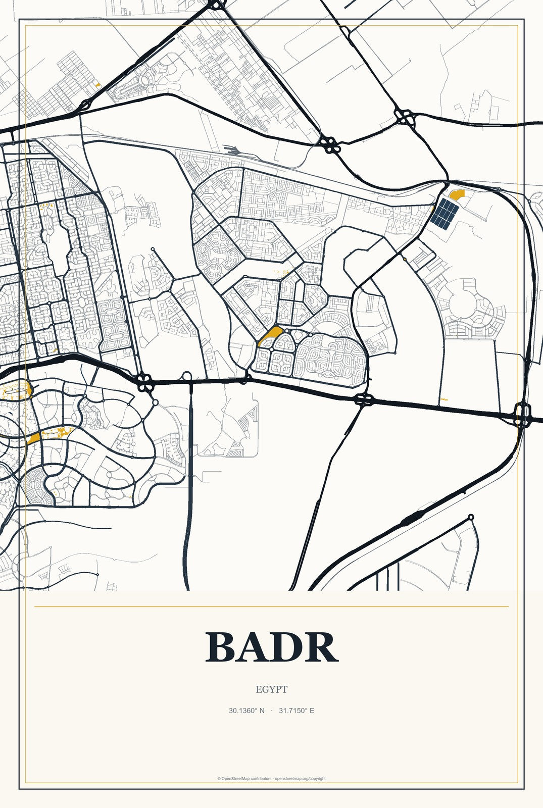 Badr, Cairo, Egypt City Map Aluminum Sign in Citrine Modern style