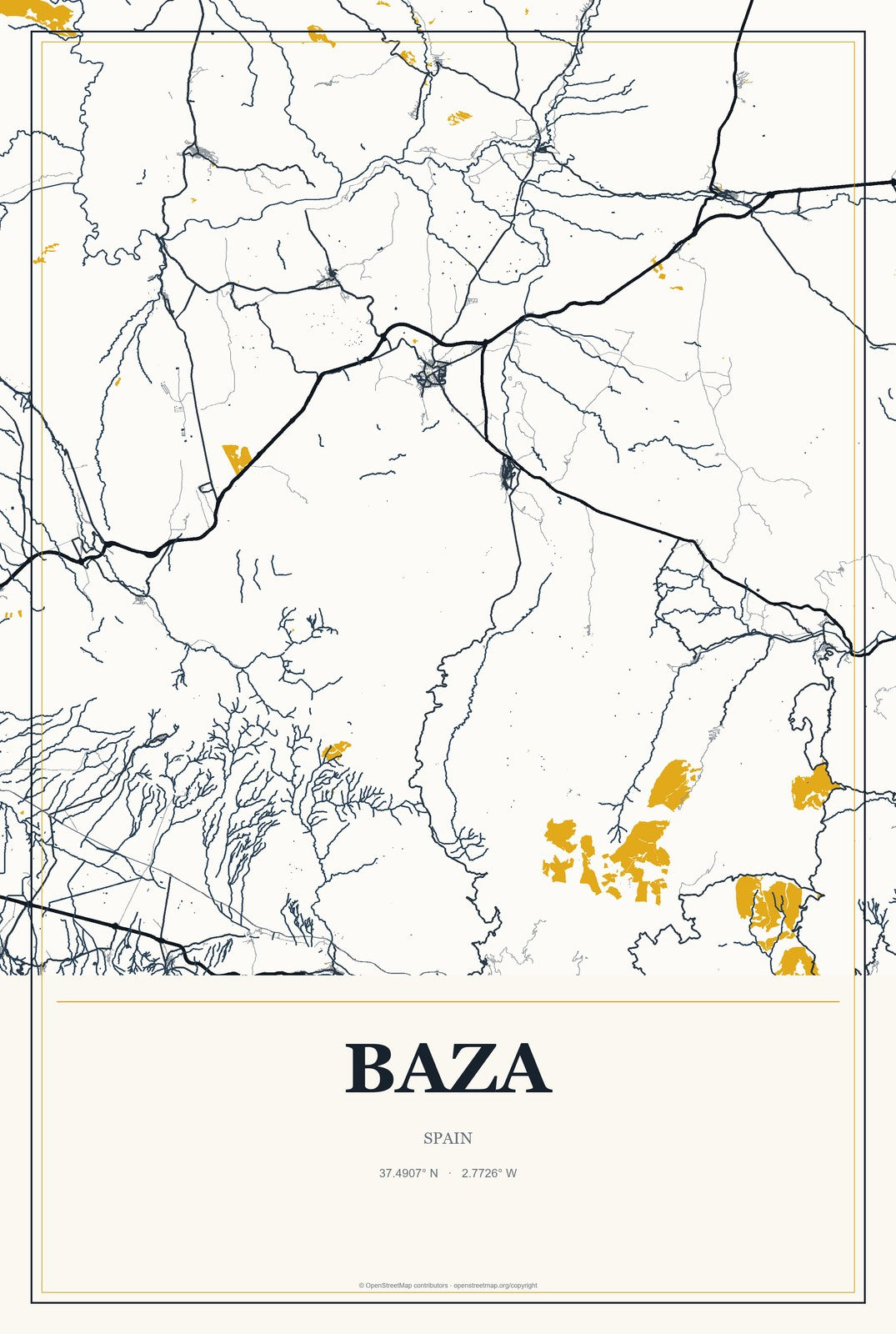 Baza, Spain City Map Aluminum Sign in Citrine Modern style