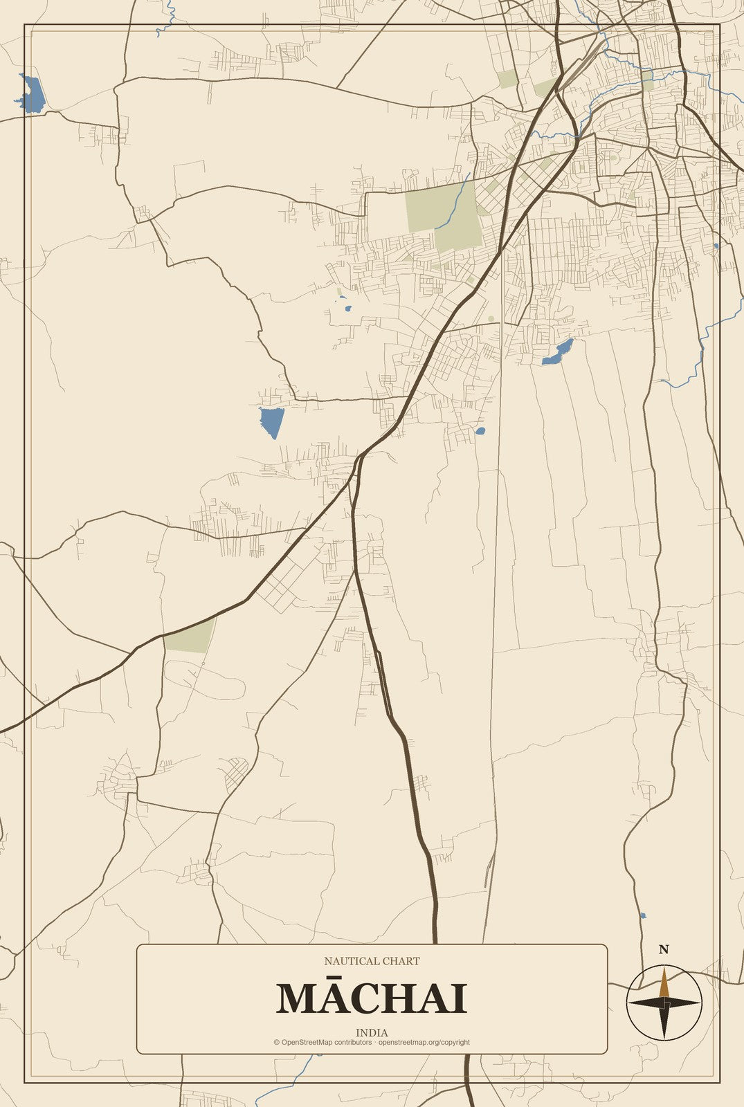 Māchai, India City Map Aluminum Sign in Heritage Nautical style