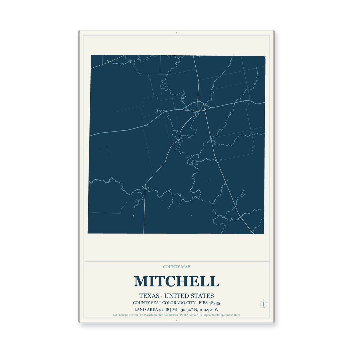 Mitchell County, Texas Map Aluminum Sign in Coastal Cutout style