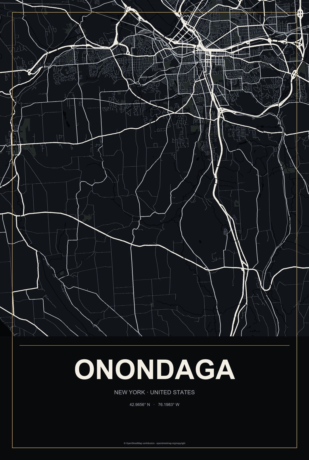 Onondaga, New York City Map Aluminum Sign in Metropolitan Noir style