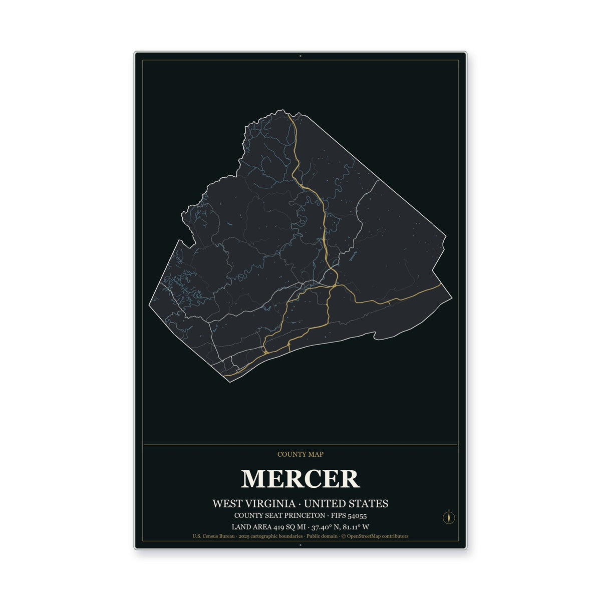 Mercer County, West Virginia Map Aluminum Sign in Metropolitan Noir style