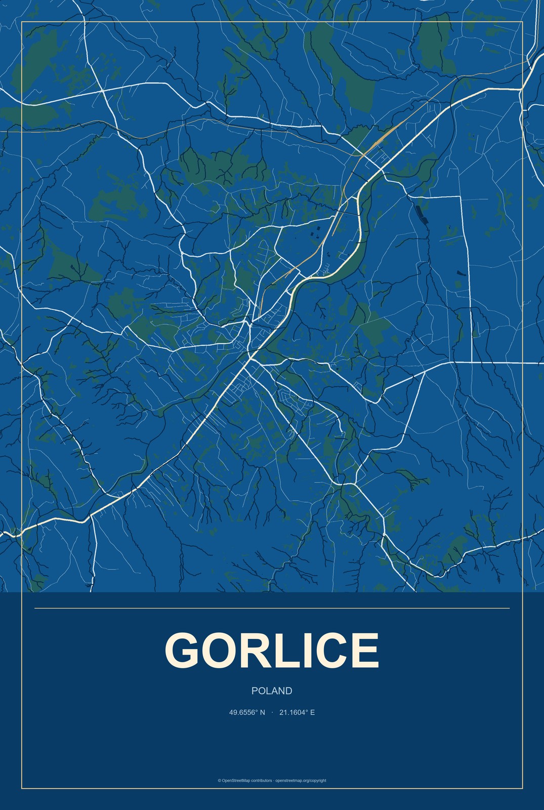 Gorlice, Poland City Map Aluminum Sign in Harbor Cobalt style