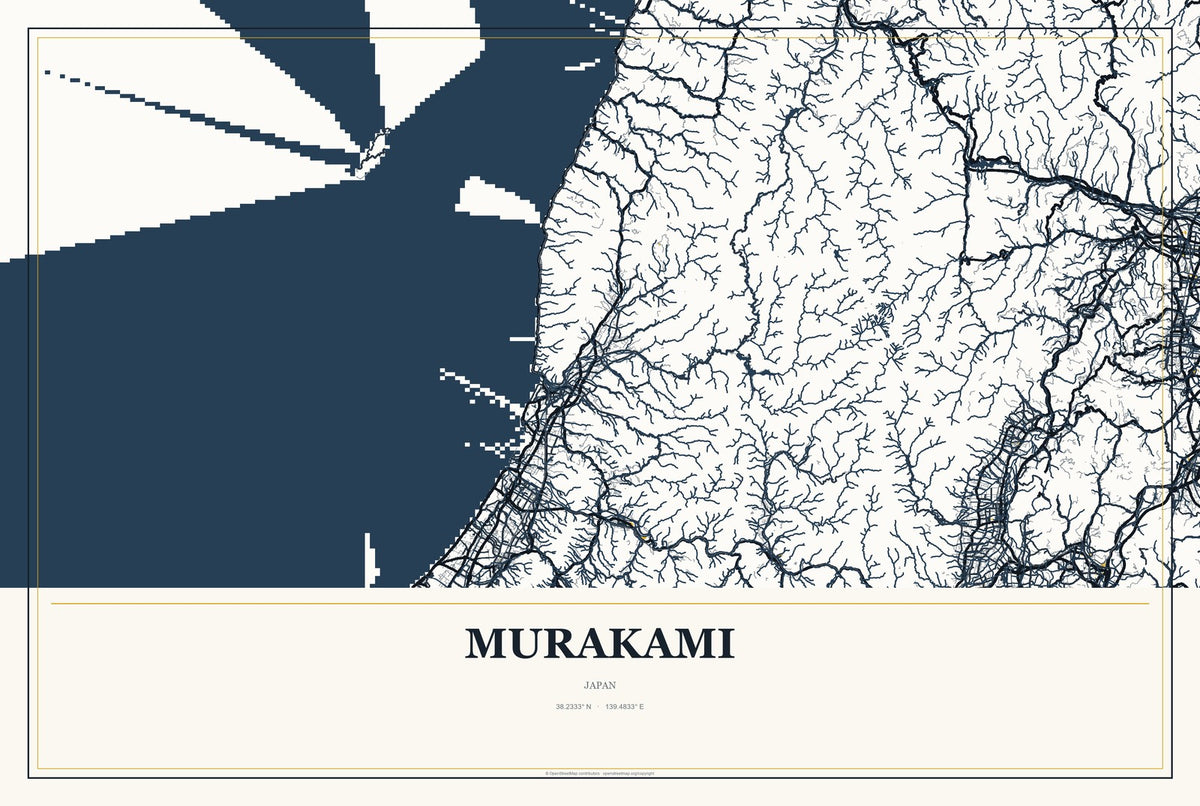 Murakami, Japan City Map Aluminum Sign in Citrine Modern style