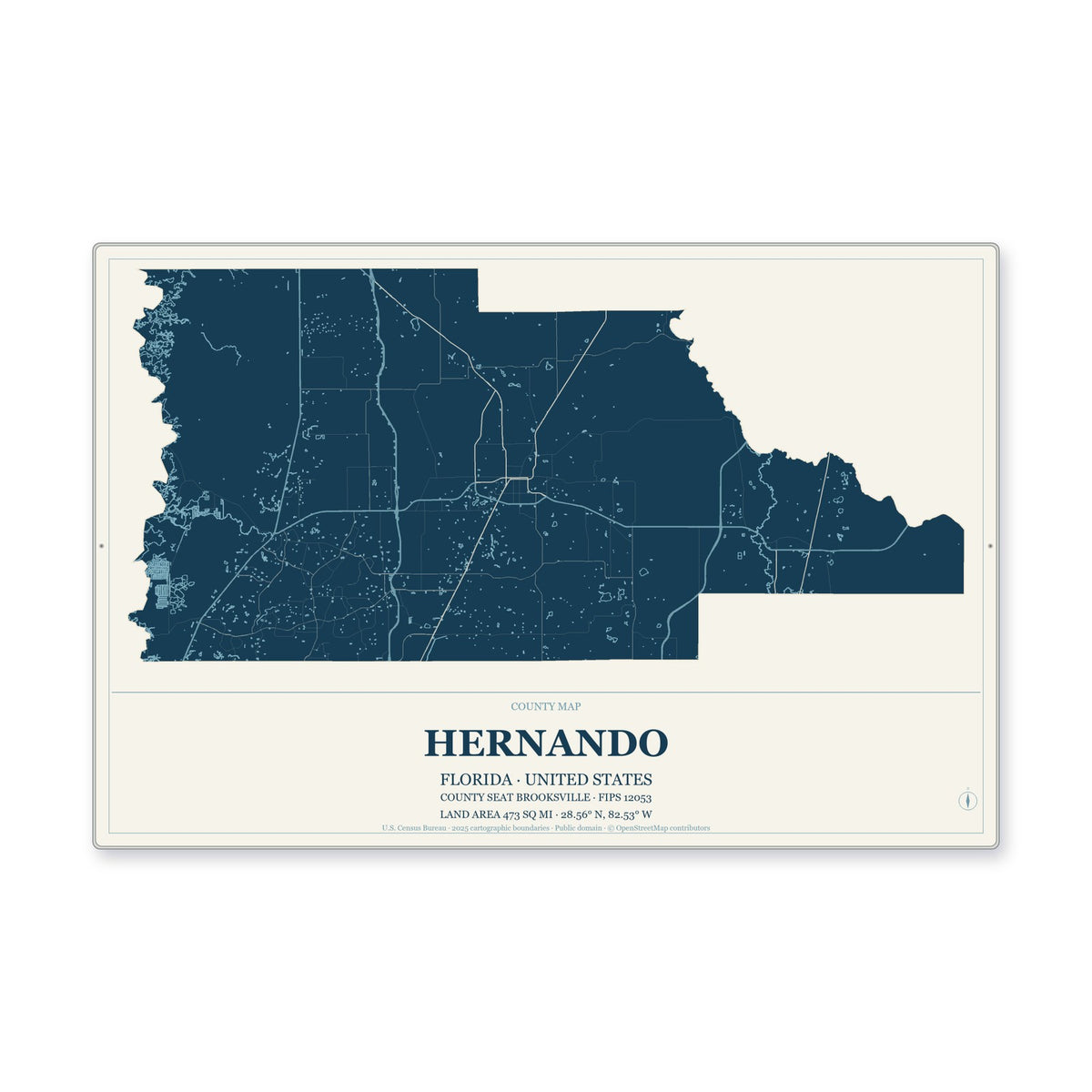 Hernando County, Florida Map Aluminum Sign in Coastal Cutout style
