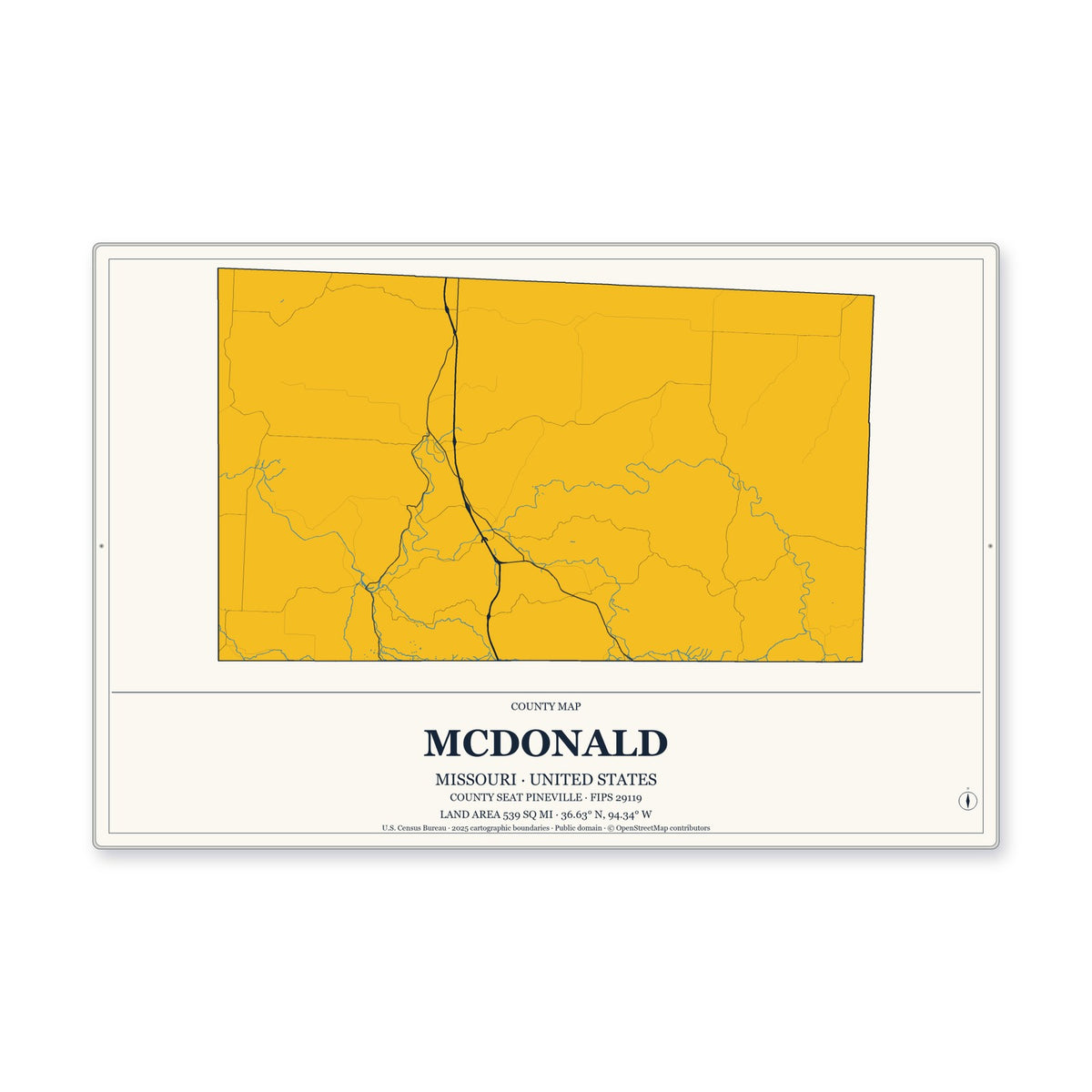 McDonald County, Missouri Map Aluminum Sign in Citrine Modern style