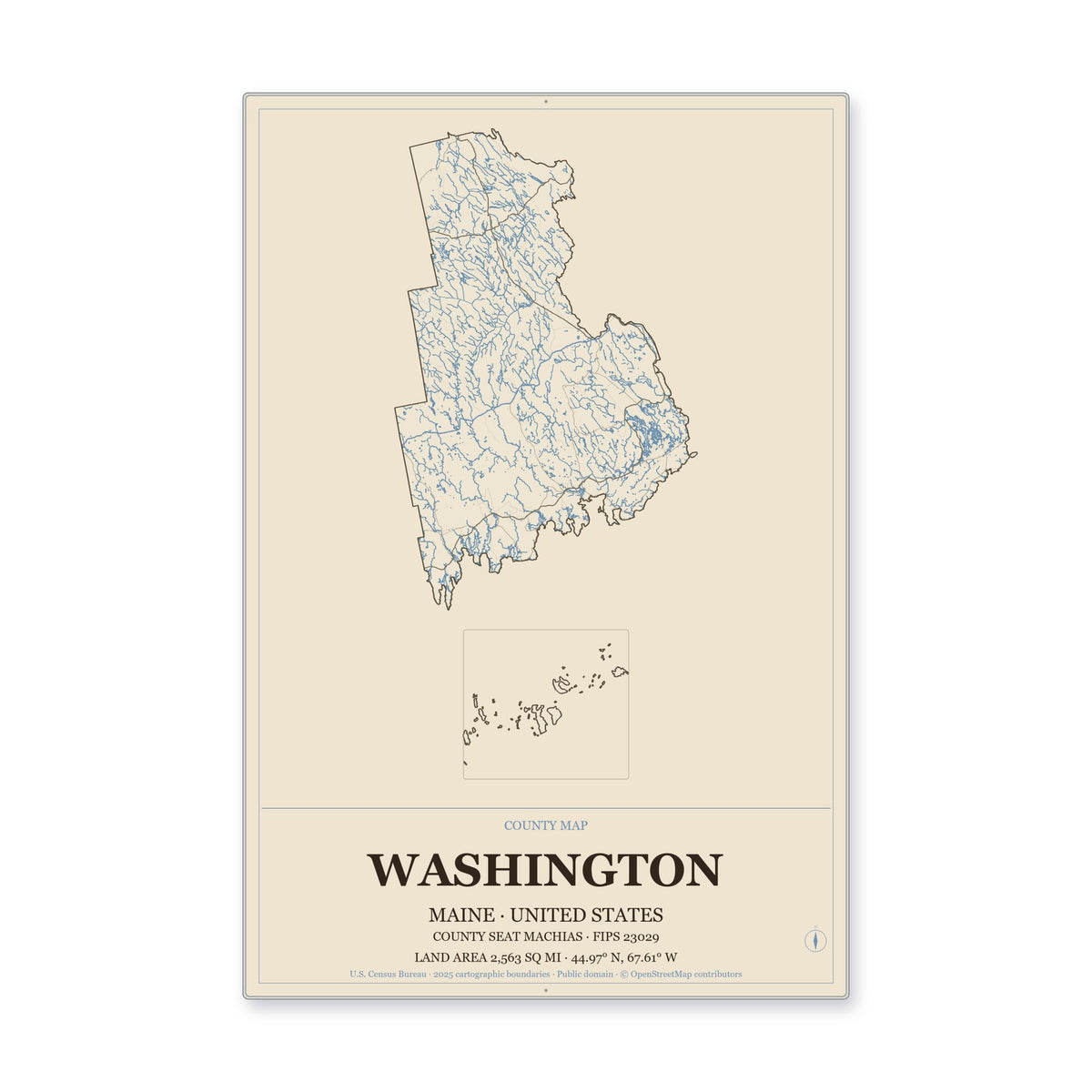 Washington County, Maine Map Aluminum Sign in Heritage Nautical style