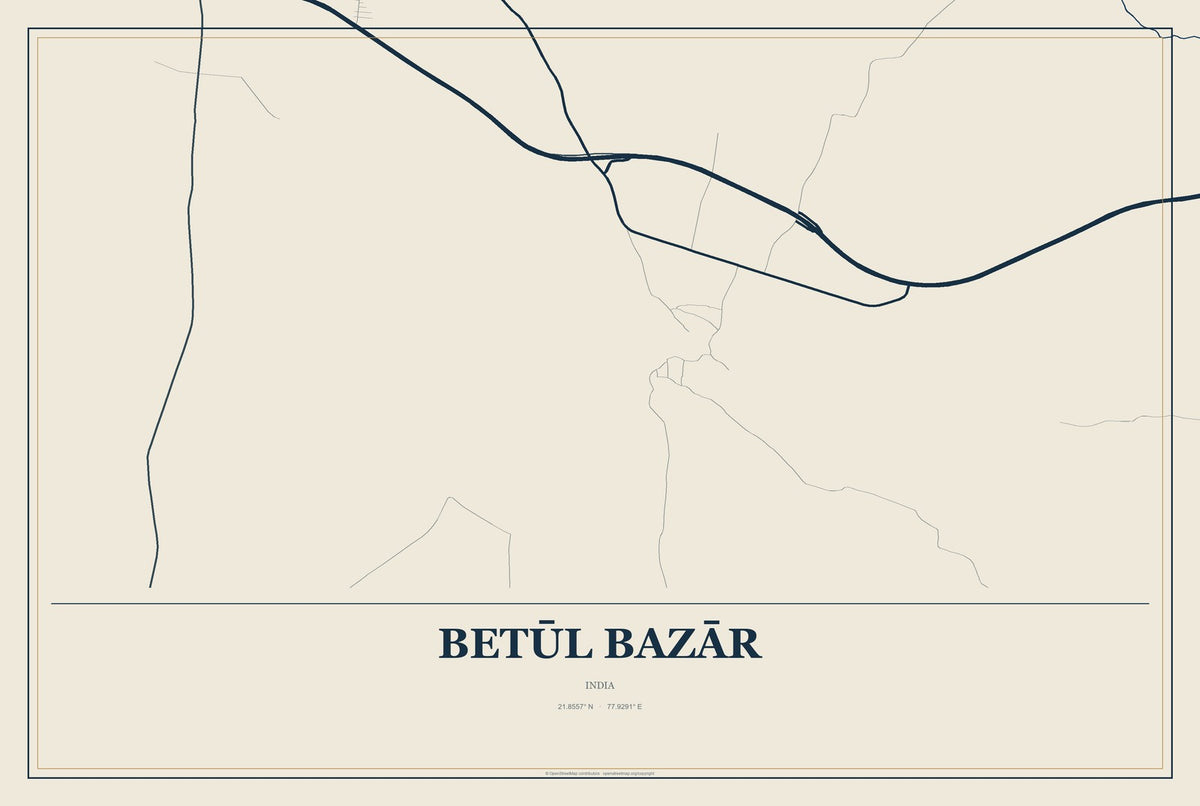 Betūl Bazār, India City Map Aluminum Sign in Coastal Cutout style