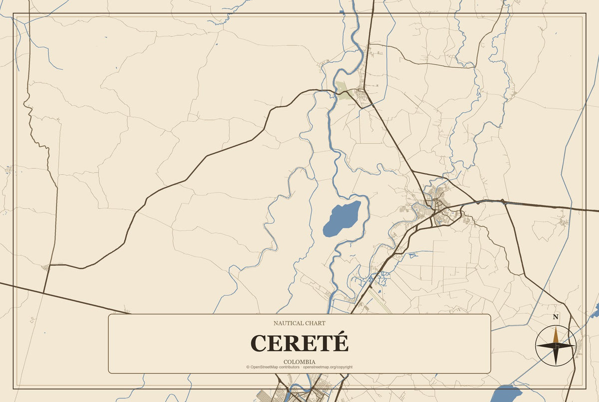 Cereté, Colombia City Map Aluminum Sign in Heritage Nautical style