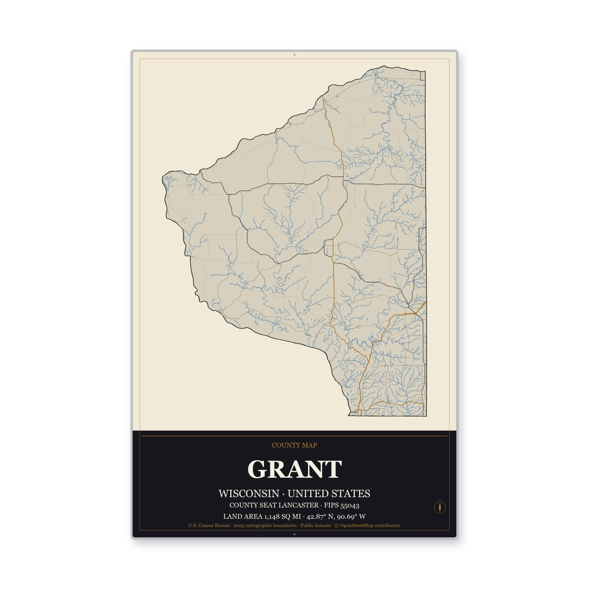 Grant County, Wisconsin Map Aluminum Sign in Museum Plaque style
